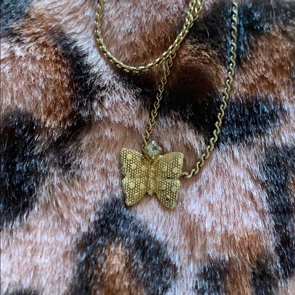 Vintage Brass & Crystal  butterfly necklace - Picture 6 of 8